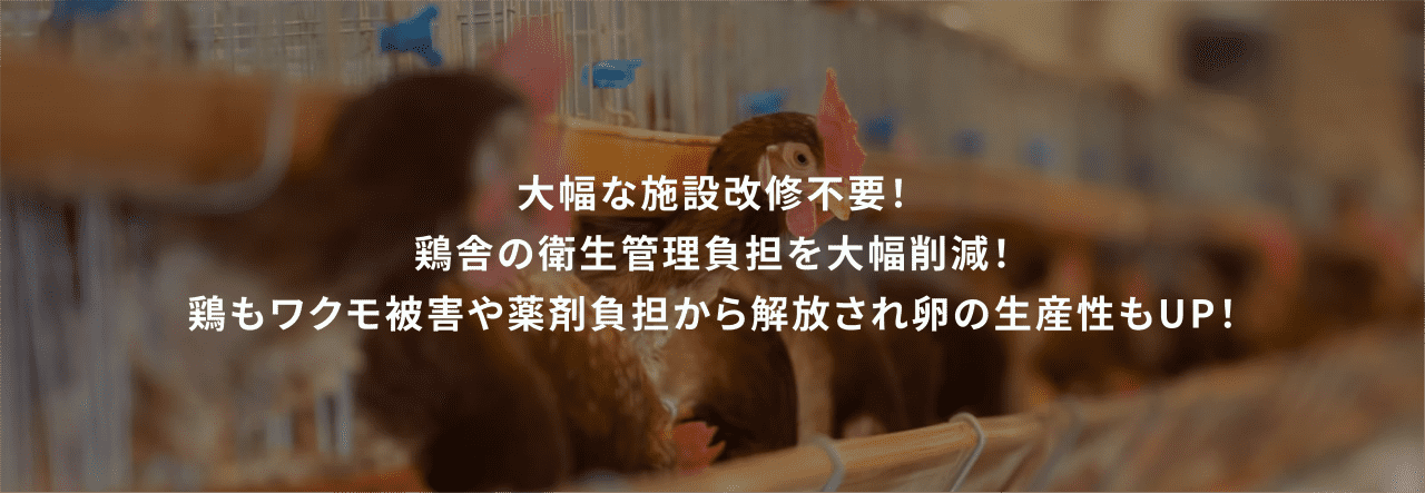 大幅な施設改修不要！ 鶏舎の衛生管理負担を大幅削減！ 鶏もワクモ被害や薬剤負担から解放され卵の生産性もUP！
