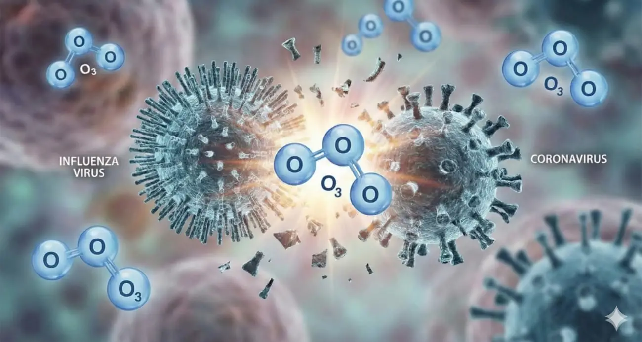 オゾン(O3)の酸化作用によるウイルス不活化の仕組み。酸素原子3つが菌を物理的に破壊し酸素に戻る除菌メカニズムの解説図