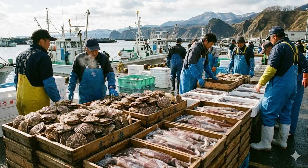 青森県は３方を海で囲まれた海産物の宝庫であることをイメージした画像