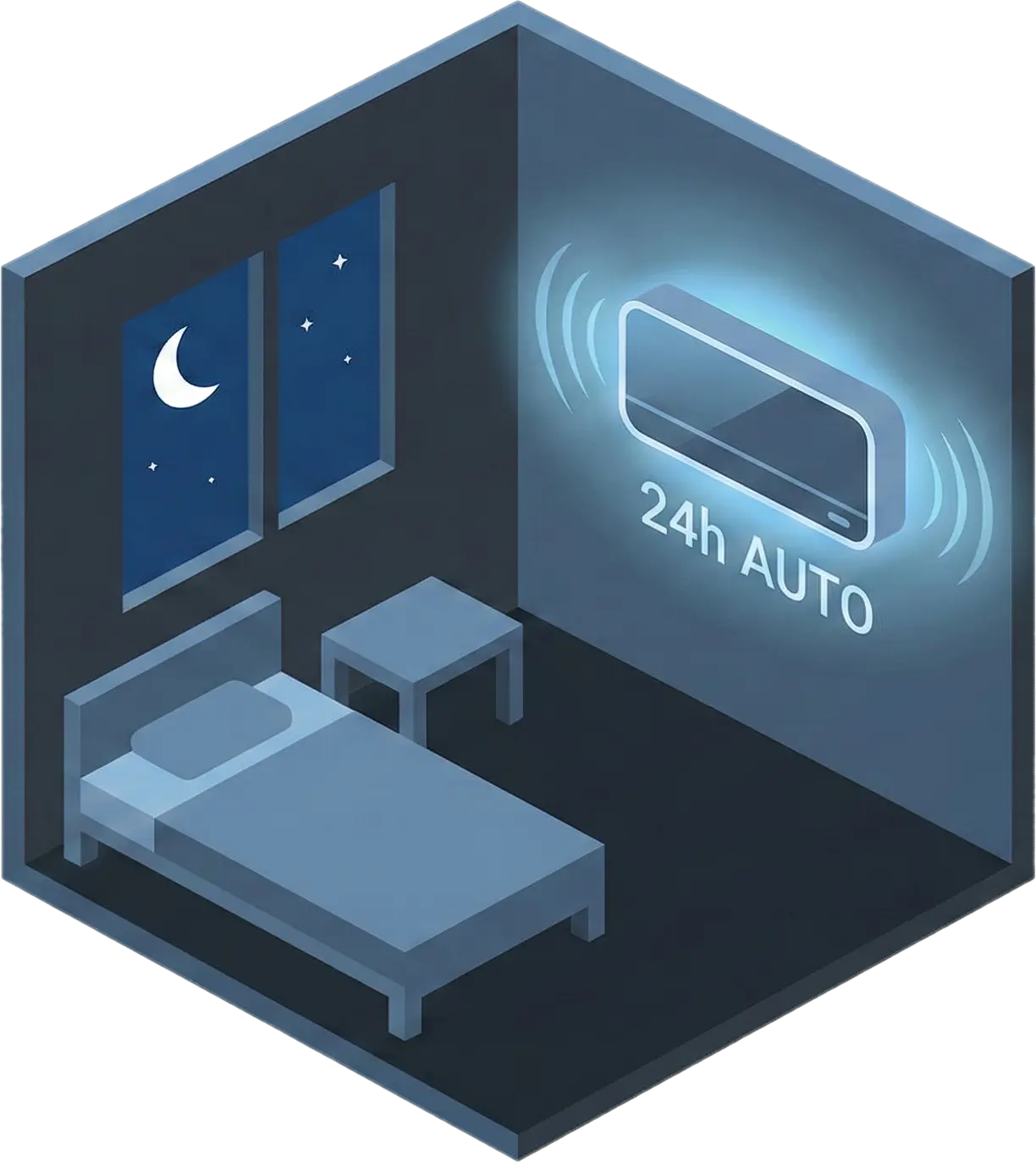 オゾン発生器のメリットである無人環境での24時間完全自動運転を示すイラスト