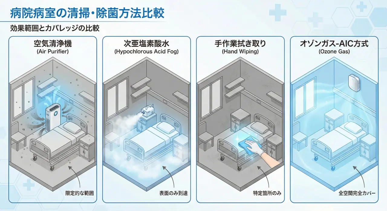 オゾン、次亜塩素酸水、空気清浄機の空間到達性と除菌範囲の違いを示す比較図