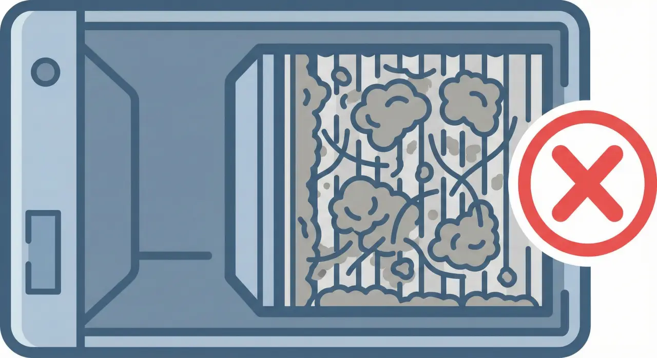 空気清浄機のデメリットであるフィルターの汚れや定期的なメンテナンスの必要性を示すイラスト
