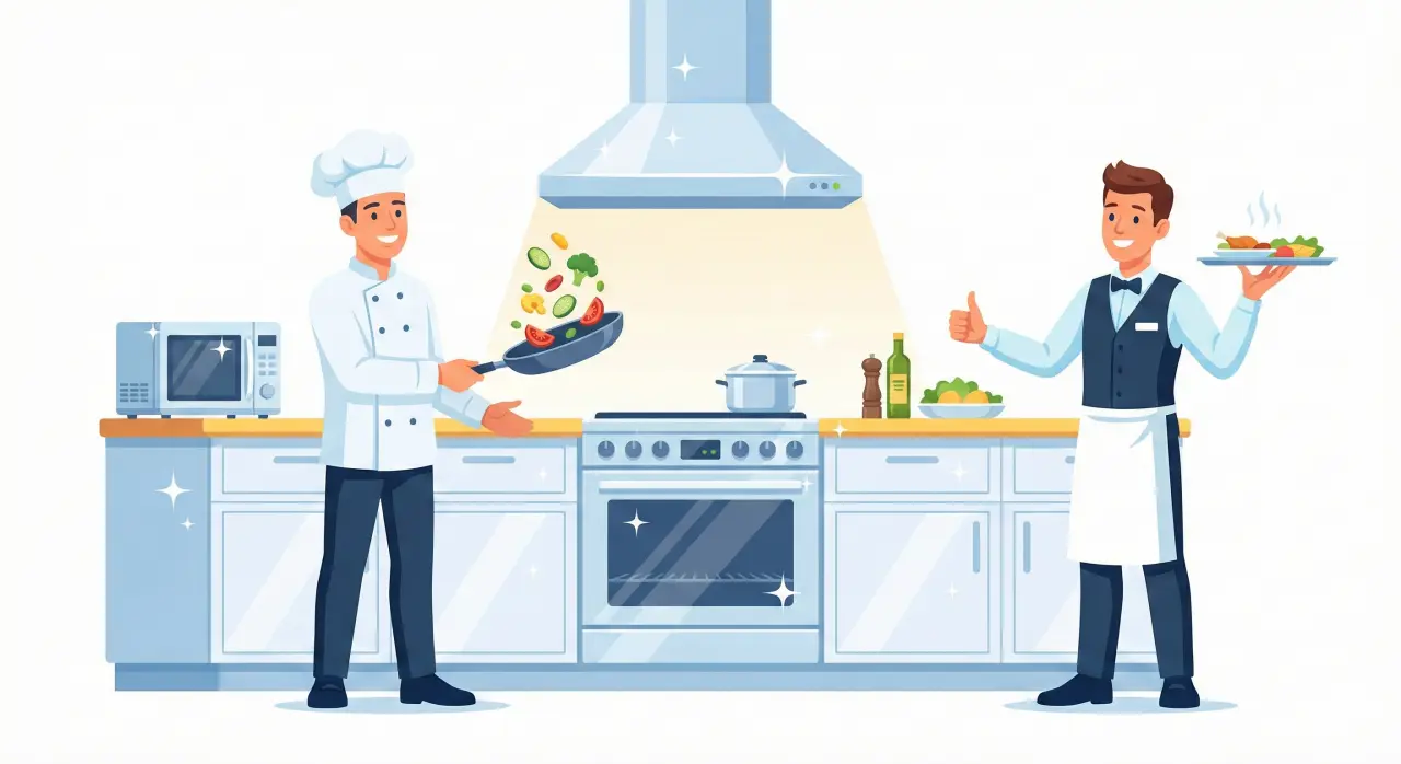 オゾンを導入し、過酷な清掃から解放されて「笑顔で本来の業務（調理や接客）に集中している」スタッフ