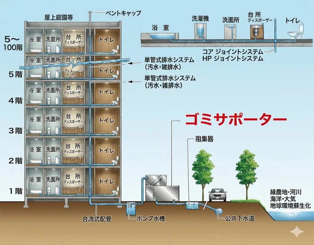 国土交通省採用モデル ディスポーザー生ゴミ処理システム概要図