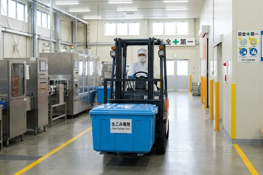 食品工場でフォークリフトを使って生ゴミコンテナを運搬する様子（導入前イメージ）