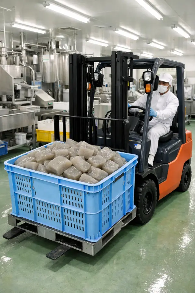 こんにゃく工場内でかごに入った廃棄用こんにゃくをフォークリフトで運搬している様子