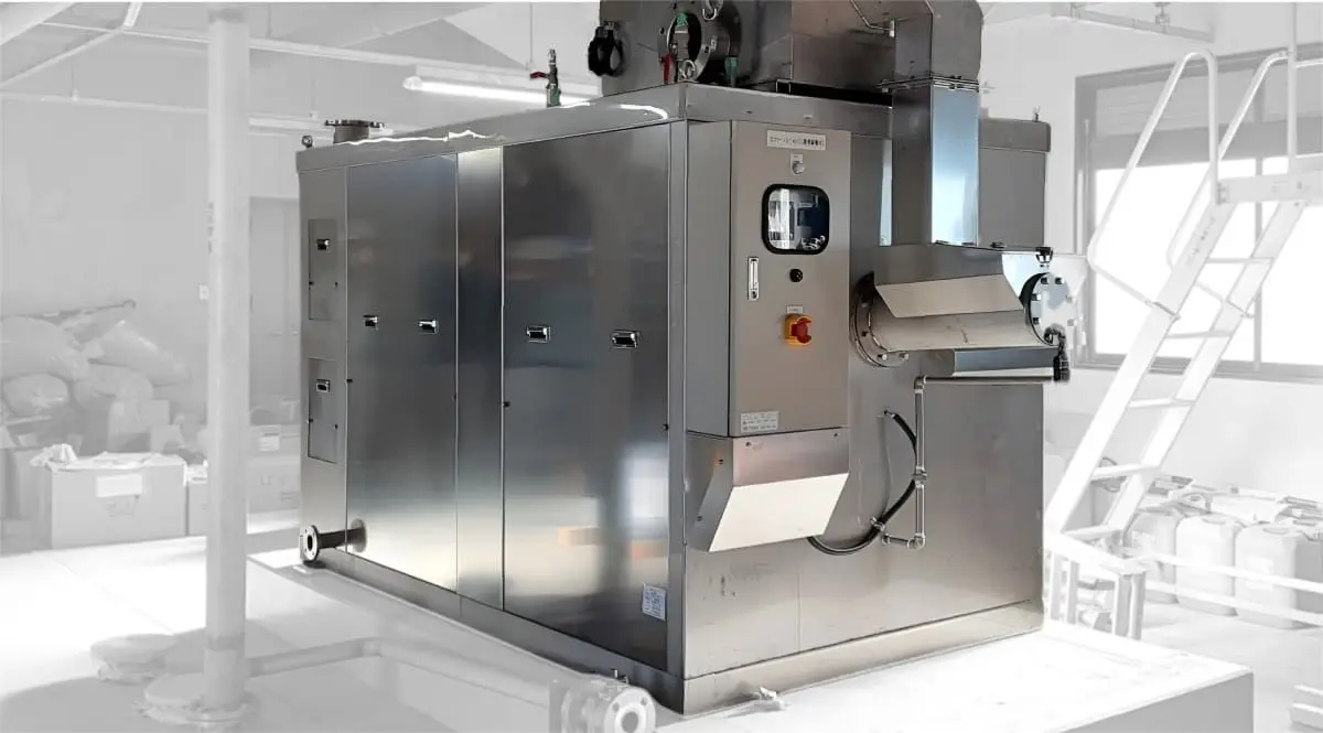 大型業務用生ゴミ処理機ゴミサポーターの外観。食品工場などの大規模施設に設置され、産廃コストを劇的に抑える消滅型システムイメージ。