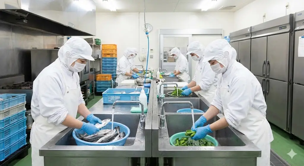 スーパーマーケットのバックヤードでの洗浄作業