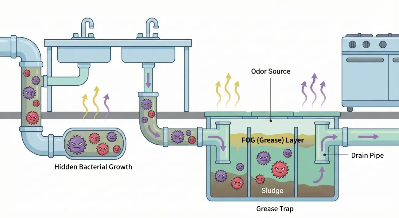 Diagram illustrating the root causes of foul odors in a commercial grease trap, showing the FOG (grease) layer, hidden bacterial growth, settled sludge, and the drain pipe.