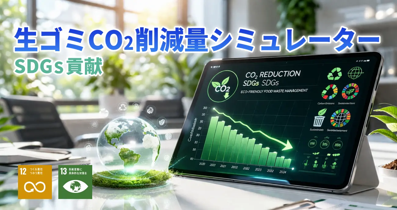 生ゴミCO2削減量シミュレーターのアイキャッチ画像。環境・SDGs・CO2削減をテーマにした、タブレットとデスク風景のコンセプト画像。