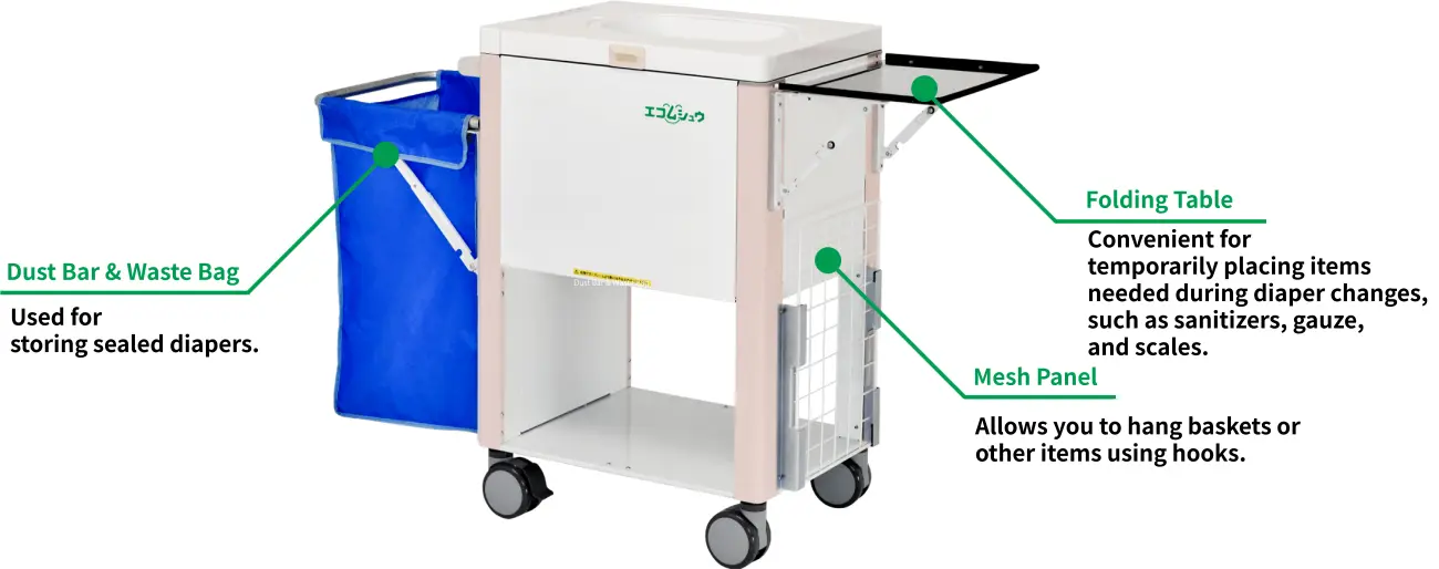 Ecomushu optional parts including a waste bag, folding table, and mesh panel to optimize workflow during diaper changes.