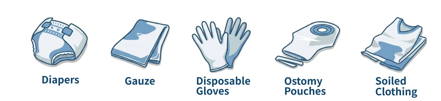 Ecomushu can safely seal various types of medical and nursing waste, including diapers, gauze, gloves, ostomy pouches, and soiled clothing.