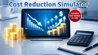 Eye-catch image for the Cost Reduction Simulator. A modern office desk featuring a tablet displaying cost reduction graphs, stacked gold coins, and a calculator.