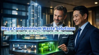 Global developers and architects reviewing a 3D blueprint of a mega-condominium, showing how the compact GOMI SUPPORTER replaces massive underground septic tanks to maximize profitable parking space.