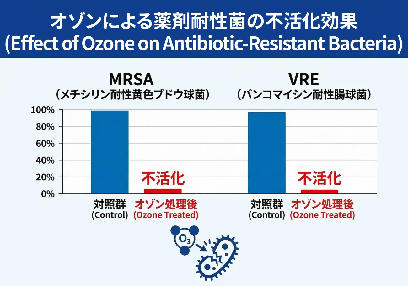 オゾンガスによる薬剤耐性菌（MRSAおよびVRE）の不活化効果を示すグラフ