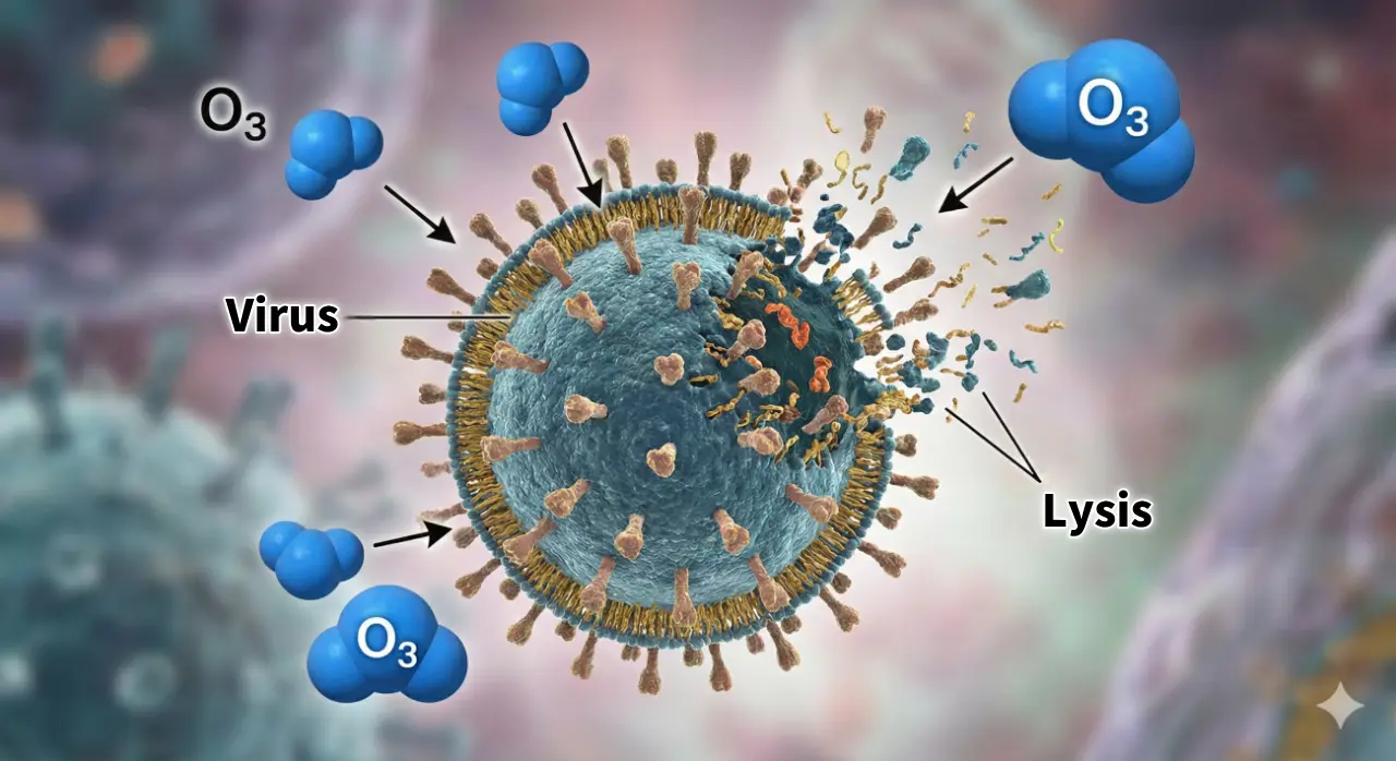 3D illustration showing the mechanism of lysis, where ozone molecules physically attack and destroy the outer shell of a virus.