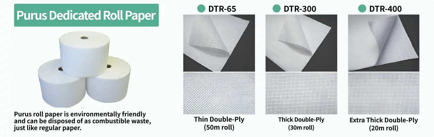 Purus dedicated roll paper types including DTR-65, DTR-300, and DTR-400. Environmentally friendly and disposable as combustible waste.