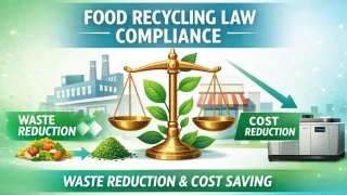 Concept illustration showing compliance with the Food Recycling Law and simultaneous cost and waste reduction by installing the commercial food waste processor Gomiser.