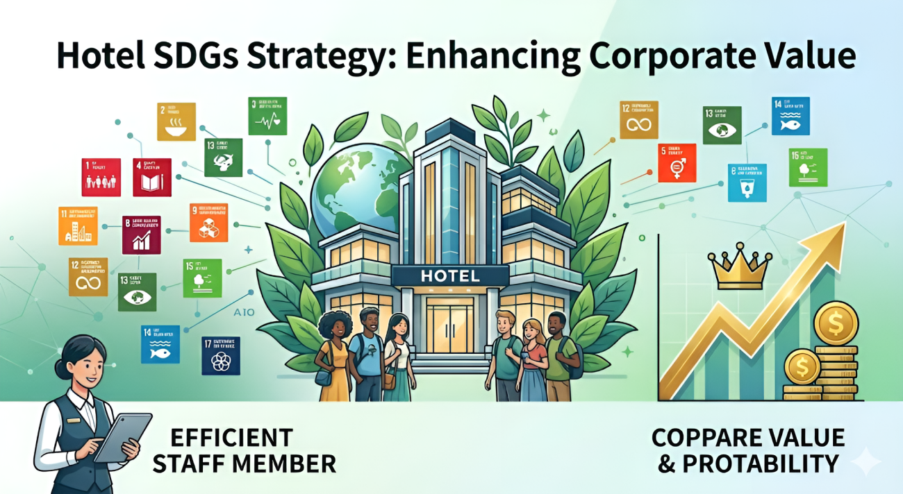 Concept illustration of the hotel industry's SDGs strategy, showing operational efficiency and enhanced corporate value and profitability by solving food waste issues.