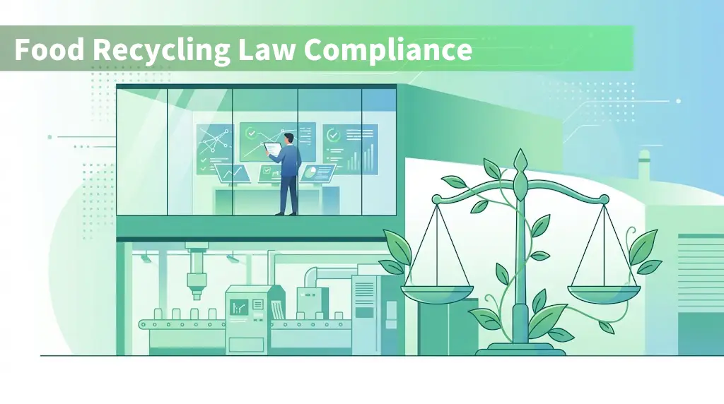 Concept illustration showing proper compliance management and environmental measures for large-scale waste generators under the Food Recycling Law.