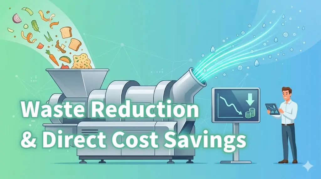 Illustration of the commercial food waste processor Gomiser decomposing food waste into water, simultaneously reducing waste volume and processing costs.