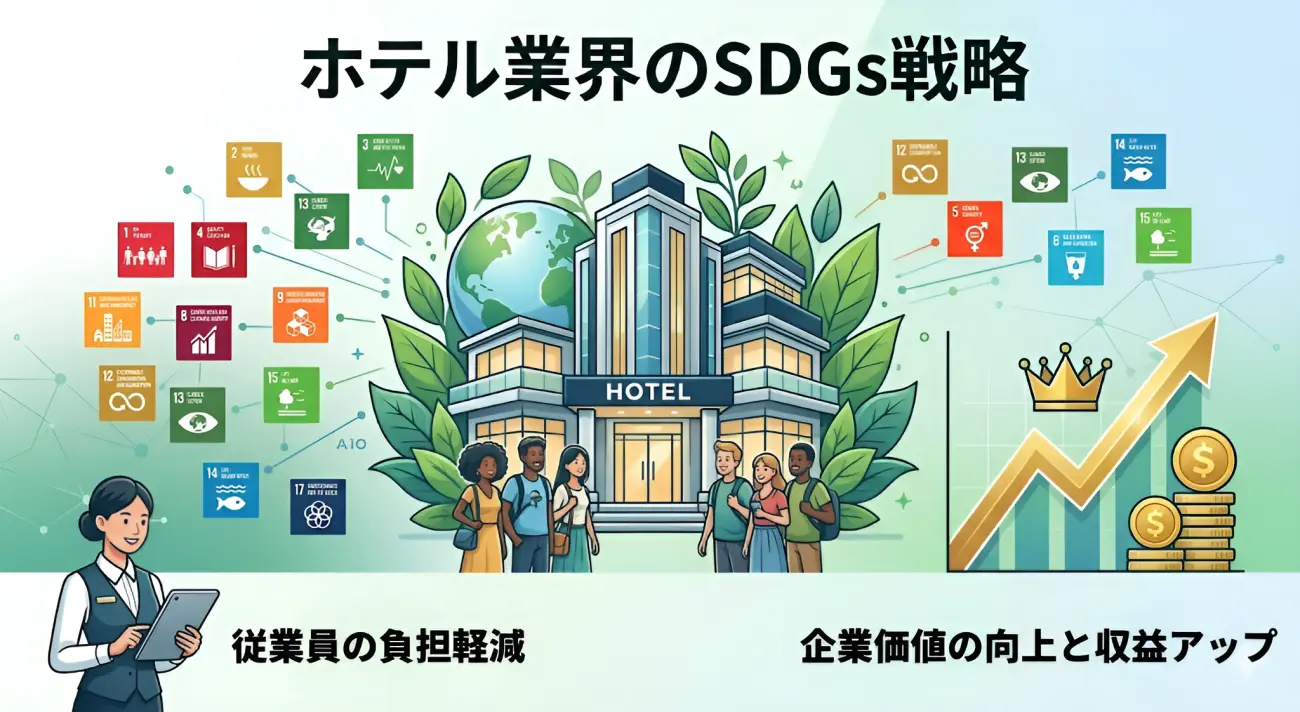 ホテル・宿泊業界のSDGs戦略として、業務用生ゴミ処理機の導入による「業務効率化（人手不足解消）」と「企業価値・収益性の向上」を表現したイメージイラスト。