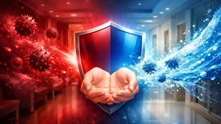 ノロウイルス発生による施設閉鎖の経営リスクと、オゾン水による安全で強力な除菌・解決策のイメージ