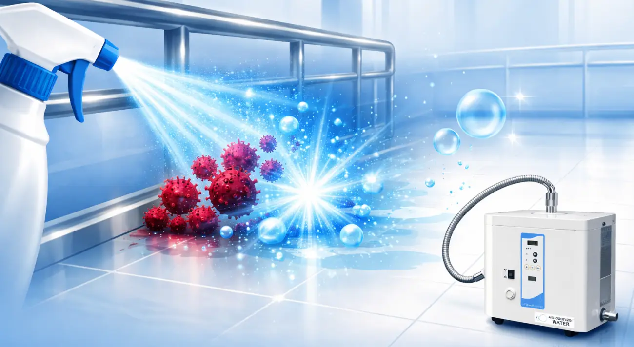 Ozone water produced by the commercial ozone water generator (AIC Water Ozonizer) instantly destroying norovirus and organic matter, then safely reverting to water and oxygen