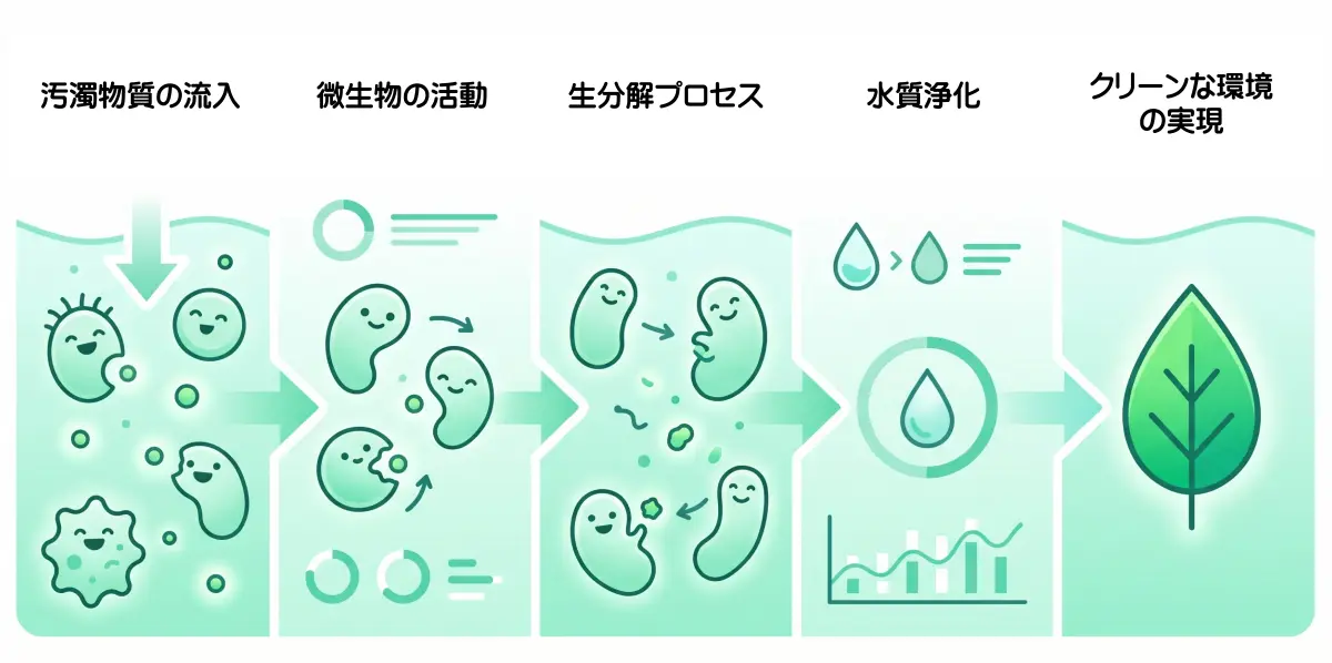 オゾン曝気によって低分子化された有機物を微生物が容易に分解し、生分解性の向上と水質保全に貢献するサイクルの図解