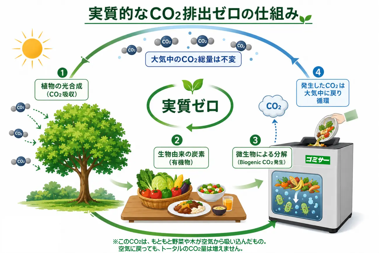 生ゴミ処理機ゴミサーによる実質的なCO2排出ゼロ（カーボンニュートラル）の仕組みを示す図解