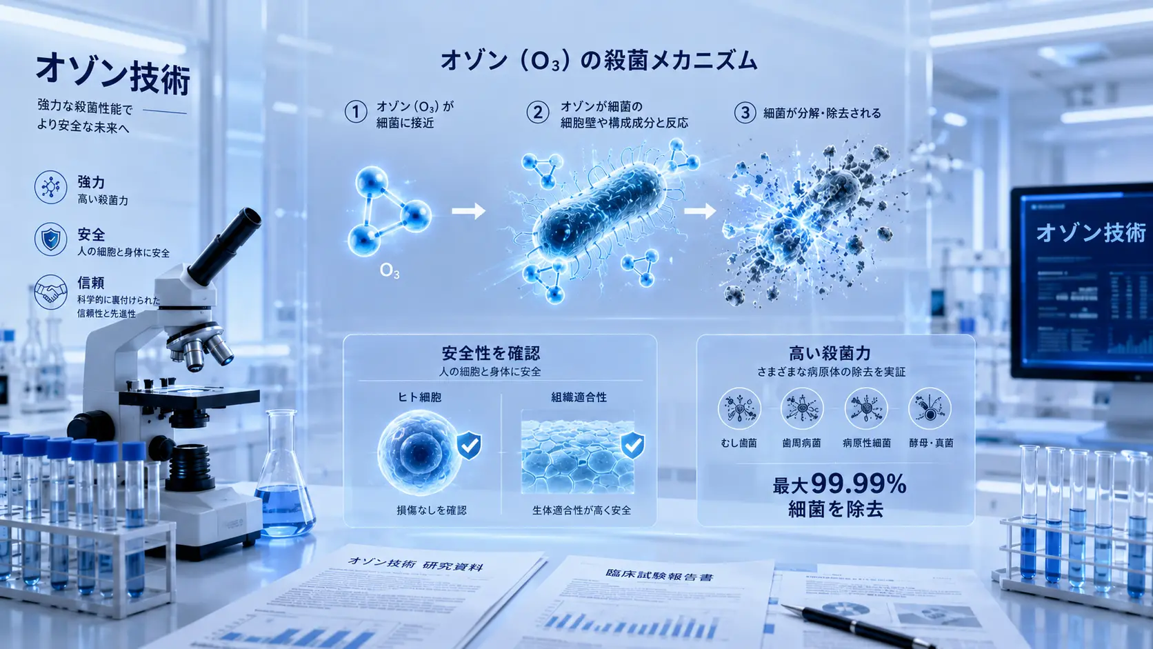 研究室の顕微鏡や試験管を背景に、オゾン分子が虫歯菌や歯周病菌と反応して強力に分解・殺菌する様子を表した3Dイメージ