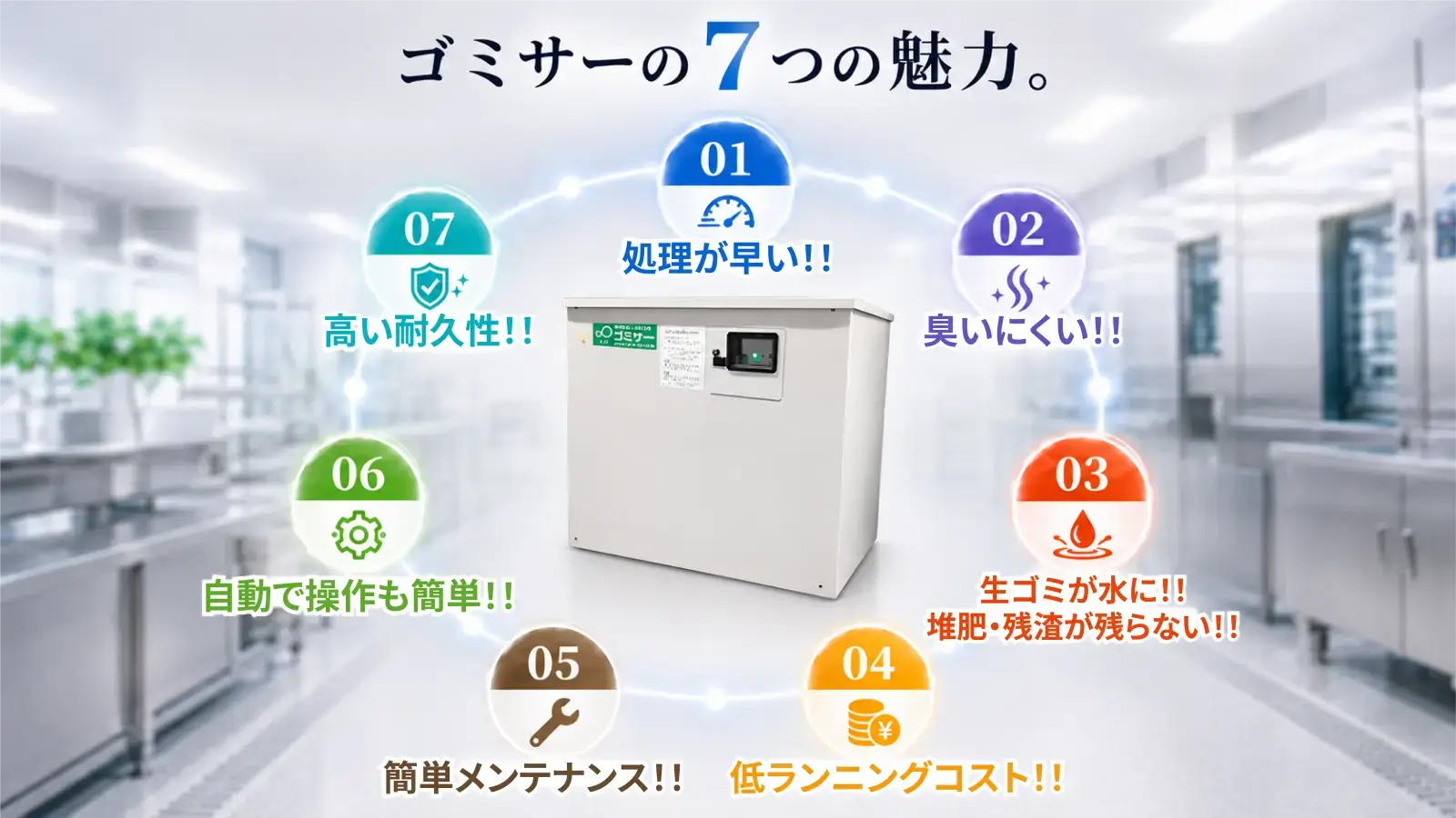 業務用生ゴミ処理機ゴミサーの7つの魅力(1.処理が早い、2.臭いにくい、3.生ゴミが水になり堆肥・残渣が残らない、4.低ランニングコスト、5.簡単メンテナンス、6.自動で操作も簡単、7.高い耐久性)