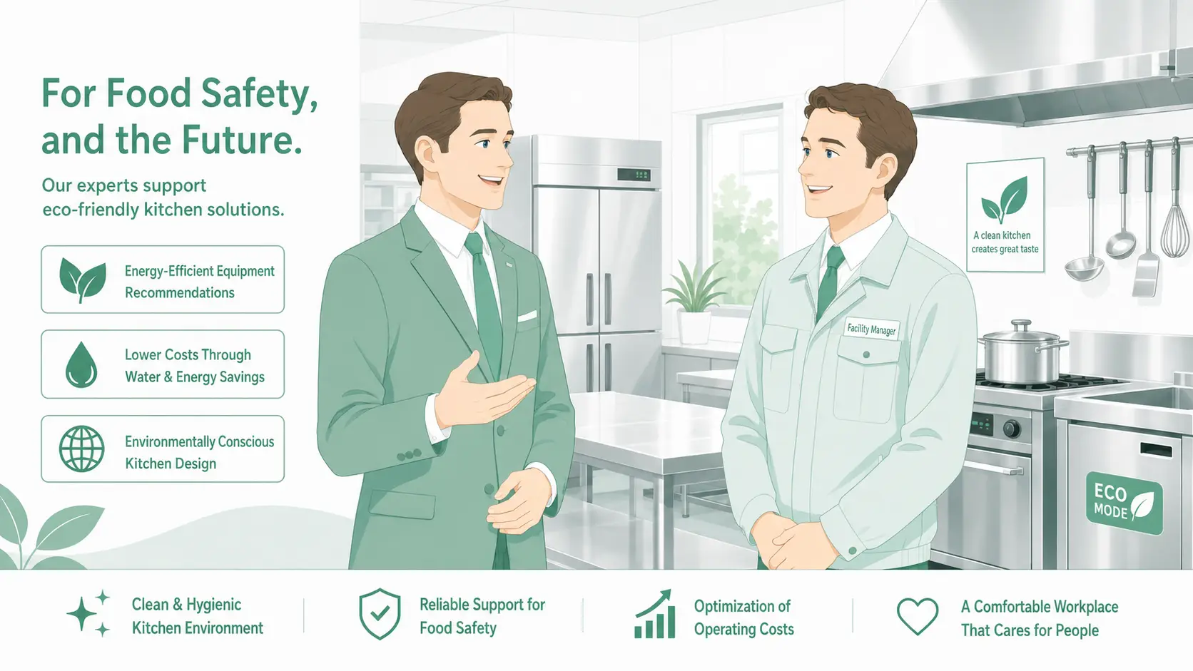 Vector illustration of a relieved facility manager and a professional consultant discussing GOMISER commercial food waste disposer solutions