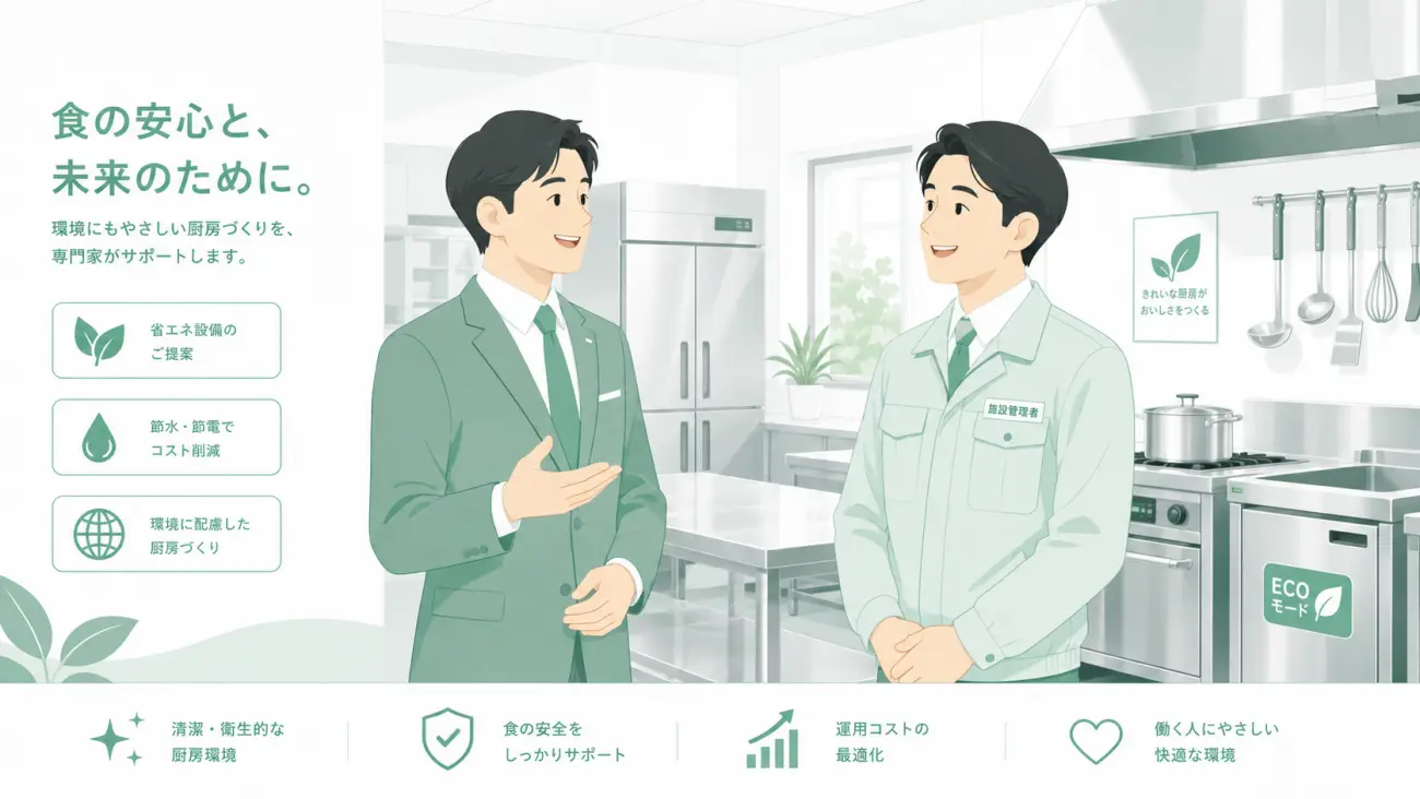 既存の生ゴミ処理機の悪臭や維持費の見直しについて、施設管理者へ専門スタッフが提案しているイラスト