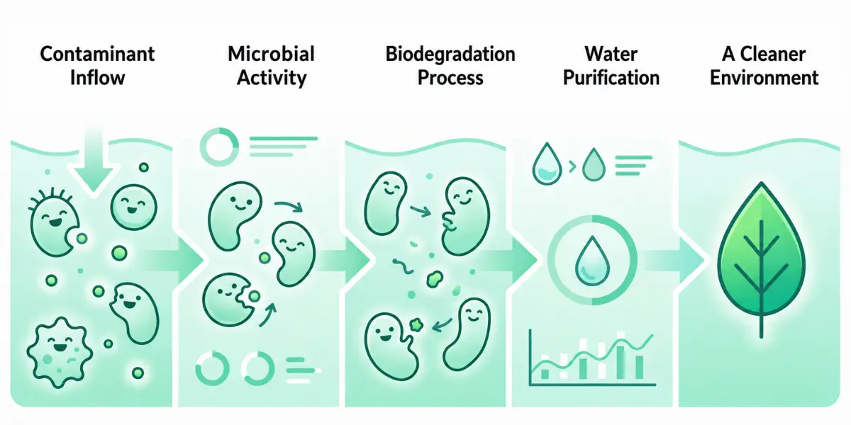 Illustration of the Process by Which Organic Compounds Broken Down into Lower-Molecular-Weight Substances by Ozone Aeration Are Readily Biodegraded by Microorganisms, Enhancing Biodegradability and Improving Water Quality