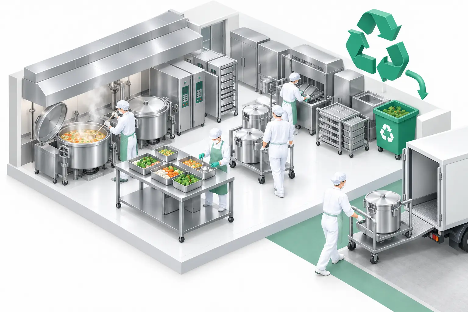 SDGsや食品リサイクルに取り組む給食センター（お弁当製造工場）様のクリーンな厨房設備を表現した立体イラスト